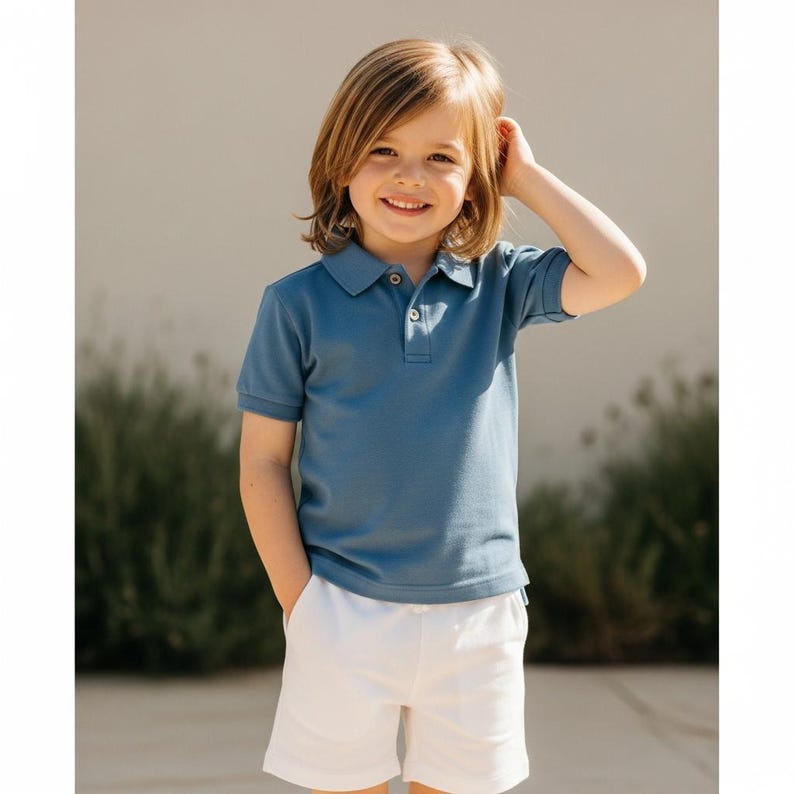 Pode incluir: Uma crian&ccedil;a vestindo uma camisa polo azul e shorts brancos. A camisa polo tem gola abotoada e mangas curtas. Os shorts s&atilde;o brancos lisos. A pessoa est&aacute; sorrindo. A roupa &eacute; adequada para clima quente e ocasi&otilde;es casuais.