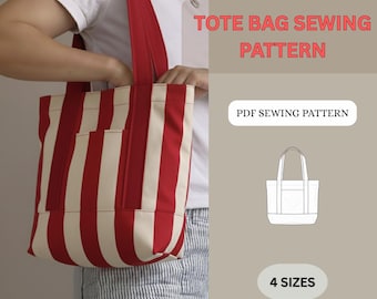 Wykrój na pikowaną torbę typu tote w formacie PDF | Torba płócienna na zakupy w 4 rozmiarach | Usztywniony dół i przednia kieszeń | Natychmiastowe pobranie