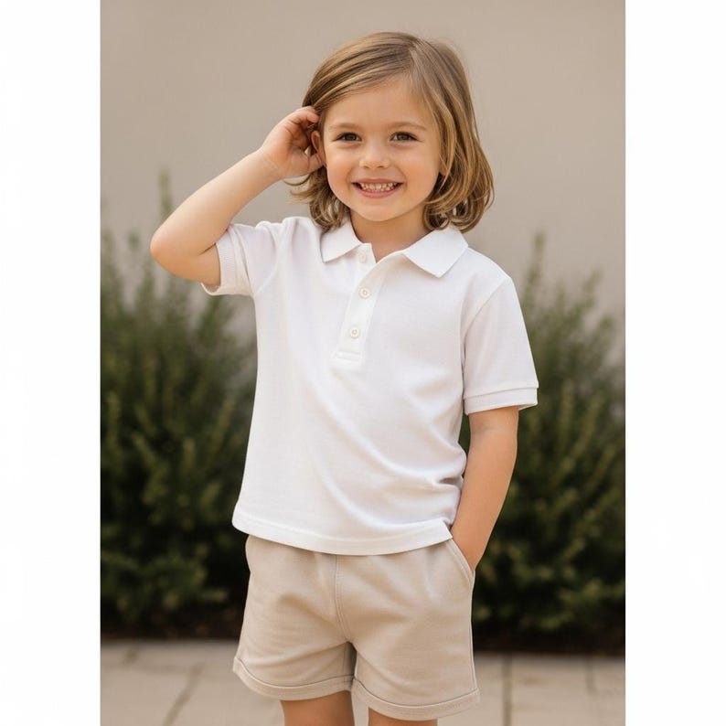 Pode incluir: Uma crian&ccedil;a vestindo uma camisa polo branca com gola e mangas curtas, combinada com shorts c&aacute;qui. A crian&ccedil;a est&aacute; sorrindo e com a m&atilde;o perto da cabe&ccedil;a. A roupa &eacute; simples e cl&aacute;ssica.