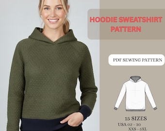 Wzór na bluzę z kapturem w formacie PDF | Wykrój na bluzę z kapturem w stylu boxy cropped | Luźna bluza damska | Łatwy projekt DIY dla początkujących | Rozmiary XS-4XL