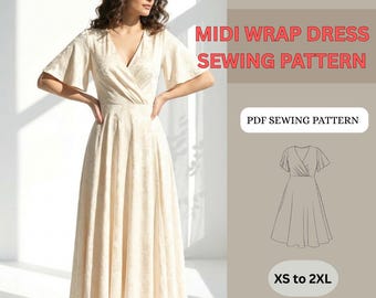 Midi Wrap Dress Sewing Pattern PDF - Flutter Sleeve A-Line Summer Dress - Bridgerton & Cottagecore Style Linen Dress Pattern - Sizes XS-2XL