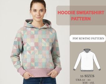 Wzór na bluzę z kapturem dla kobiet | Bluza z kapturem w skróconym kroju raglanowym w formacie PDF | Patchwork w stylu patchworkowym | Przyjazny dla początkujących, do samodzielnego szycia | Rozmiary XS-4XL