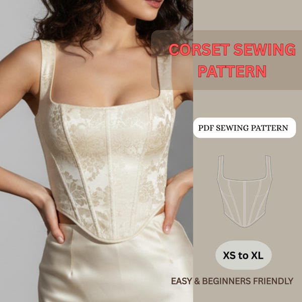 Corset Sewing Pattern PDF, Bustier Top, Overbust Bodice, Lace up Back, Instant Download, Sizes XS-XL, Us Letter A4 A0, Beginner Friendly