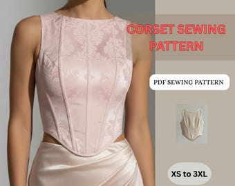 Wykrój gorsetu w formacie PDF, top gorsetowy z ramiączkami, 7 rozmiarów XS-3XL, sznurowany tył, pobieranie cyfrowe A4, A0, format US Letter