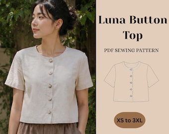 Linen Top Sewing Pattern PDF | Crop Top Sewing Pattern | Luna Button Top | Summer Blouse | XS–3XL | Instant Download