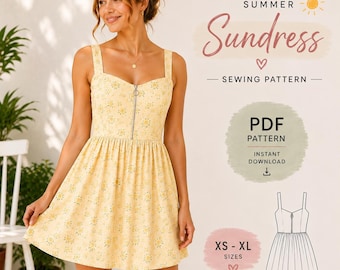 Summer Sundress Sewing Pattern PDF | Sleeveless Mini Dress | Front Zip Dress | Gathered Dress Pattern | XS–XL | Instant Download