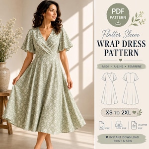 May include: A digital PDF sewing pattern for a flutter sleeve wrap dress. The image displays a sage green midi dress with a white floral print, featuring a V-neckline and A-line skirt. Includes technical line drawings and size range XS to 2XL.