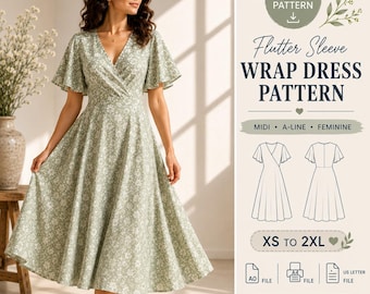 Molde em PDF para Vestido Envelope, Vestido Midi com Mangas Flutuantes, Vestido de Verão em Linha A, Vestido Cottagecore Tamanhos XS-2XL