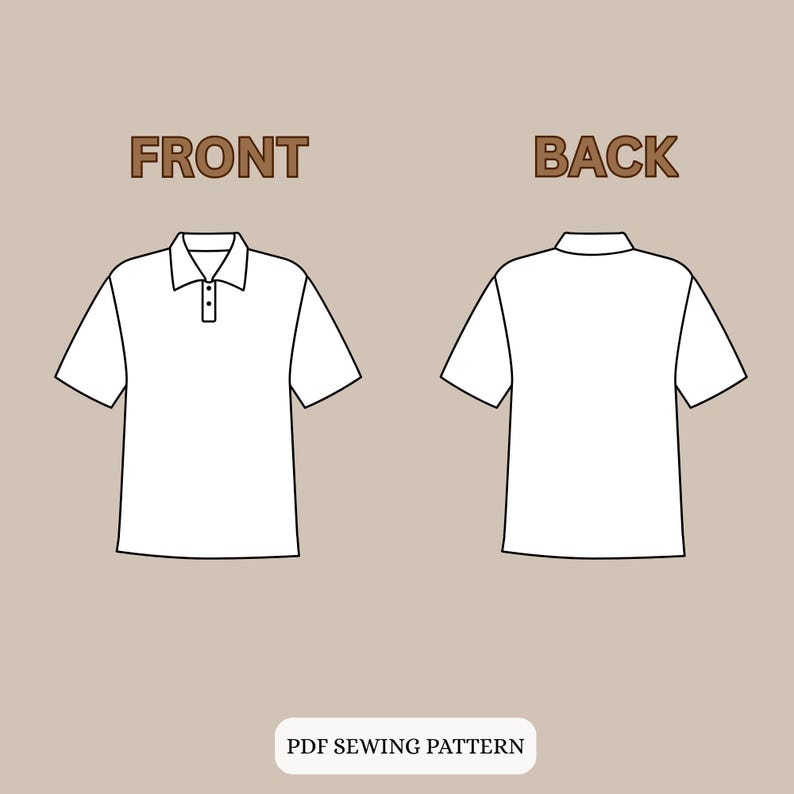 Pode incluir: Padr&atilde;o de camisa polo branca, vistas frontal e traseira, com mangas curtas e gola. As palavras "FRONT" e "BACK" s&atilde;o exibidas acima de cada camisa. O texto "PDF SEWING PATTERN" est&aacute; na parte inferior.