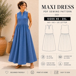 Patron de couture pour robe longue en lin PDF | Robe sans manches avec poche | Robe d'été froncée | Robe bohème à encolure fendue | TP–2TG