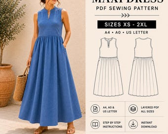 Patrón de costura en PDF para vestido largo de lino / Vestido sin mangas con bolsillos / Vestido de verano fruncido / Vestido bohemio con escote en V / Tallas XS–2XL