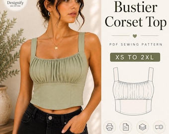Bustier Top Sewing Pattern PDF | Gathered Corset Crop Top | Lace-Up Back | XS-2XL | A4 A0 US Letter | Instant Download