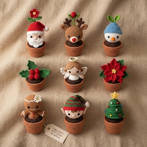 May include: A collection of nine crocheted amigurumi figures in brown pots, including a Santa, reindeer, snowman, holly, angel, poinsettia, gingerbread person, elf, and Christmas tree. A small white tag reads Crochet Pattern Bundle.