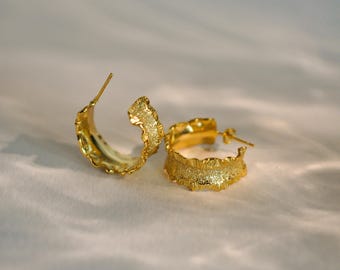 Chrysea Gold Hoops | Hand-Hammered Textured Earrings | Sterling Silver (10mm)