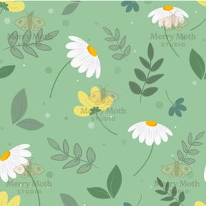 Pode incluir: Um padrão sem costura com margaridas brancas com centros amarelos, flores amarelas, folhas verdes e borboletas em um fundo verde claro. O texto "Merry Moth Studio" é repetido em todo o design.