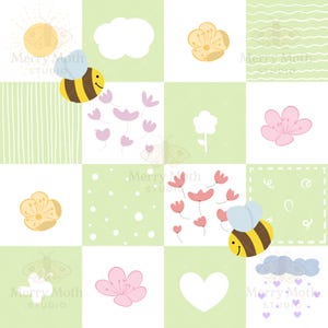 Op de afbeelding: Een herhalend vierkant patroon met lichtgroene en witte vierkanten. Elk vierkant bevat een andere illustratie, waaronder een gele zon, een witte wolk, bloemen, bijen en harten. Het thema is lente en natuur, met een vrolijke uitstraling.