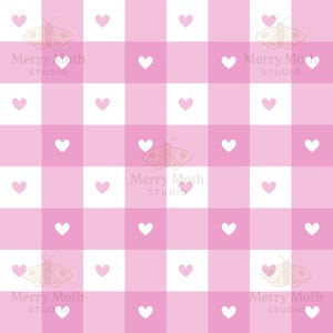 May include: A pink and white gingham pattern with white hearts and butterfly illustrations. The text "Merry Moth STUDIO" is repeated in the corners of the image. The design is a repeating pattern.