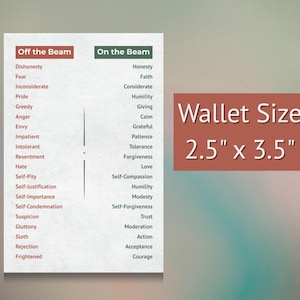 May include: A wallet-sized card with the text "Off the Beam" and "On the Beam" lists contrasting words like "Dishonesty" and "Honesty". The card is 2.5" x 3.5" and features a gradient background.