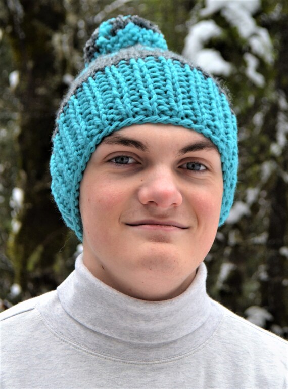 Super Warm Grey and Aqua Beanie. Unisex 