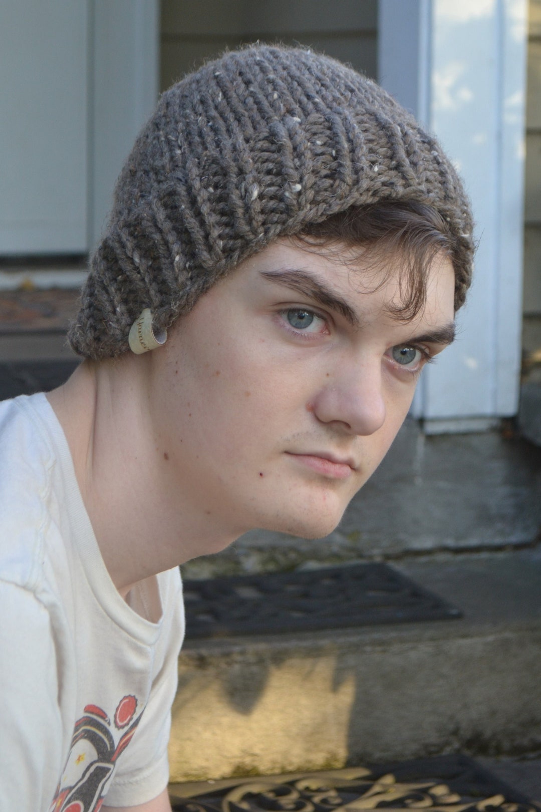 Men's XL Hand Knit Super Bulky Tweed Beanie. Winter Hat. Warm Toque