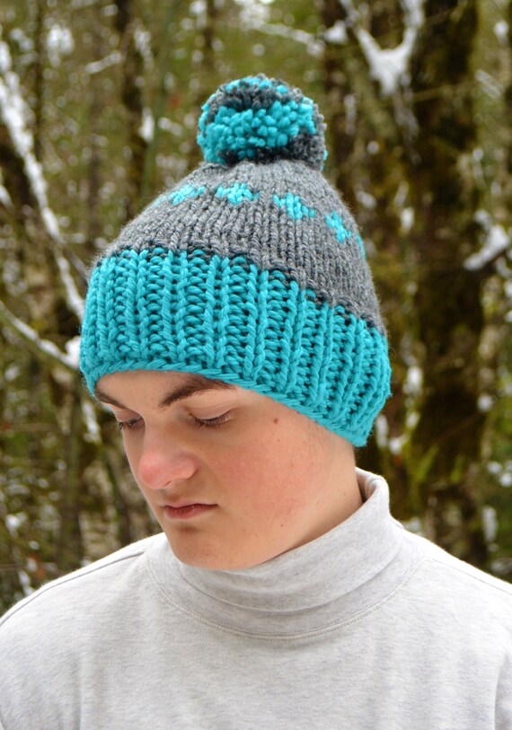 Super Warm Grey and Aqua Beanie. Unisex 