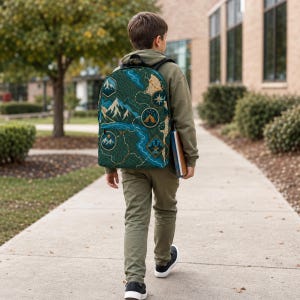May include: A dark green backpack featuring a repeating pattern of topographical map lines, mountain peaks, compasses, and camping icons. The backpack has black straps and is carried on the back, with a notebook tucked under one arm.