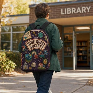 May include: A dark purple backpack featuring a repeating pattern of fantasy-themed icons including mushrooms, a lantern, a treasure map, and dice. The center displays a patch with the text Side Quest Society in a bold, arched font style.