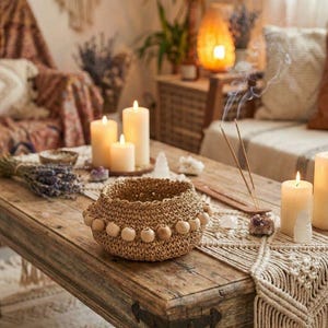 May include: A rustic wooden coffee table with a woven basket adorned with wooden beads. Lit candles, incense, and decorative crystals create a cozy, bohemian atmosphere. A macrame table runner adds texture.