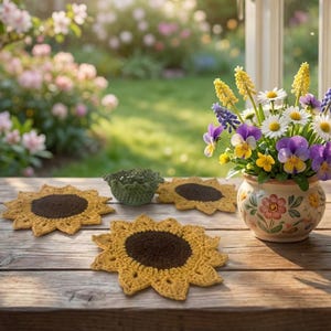 Könnte beinhalten: Ein Holztisch zeigt eine Sammlung handgefertigter Häkelartikel. Drei sonnenblumenförmige Untersetzer in Gelb und Braun liegen neben einer kleinen grünen Schale und einer Blumenvase mit bunten Blumen. Der Hintergrund zeigt einen Garten.