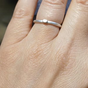 以下が含まれることがあります： 小さな楕円形のアクセントが付いたシルバーリング。指にはめられ、ミニマリストなデザインが際立っています。細いバンドと中央に配置されたアクセントが、シンプルでエレガントな外観を作り出しています。