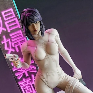 May include: A detailed statue of a woman in a white bodysuit, holding a silver handgun. The figure has short dark hair and is posed with a futuristic aesthetic. A neon sign with Japanese characters is in the background.