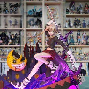 May include: Anime-style figurine of a female character in a school uniform, holding a spear. The figure is posed dynamically on a purple and black base with a castle and moon. The figure has blonde hair and is wearing a black jacket and red plaid skirt.