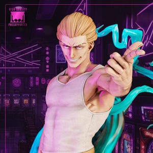 May include: A figurine of a male character with blonde hair, wearing a white tank top and tan pants. The figure has a confident expression and is surrounded by blue, flowing energy. The background features a neon-lit arcade setting.