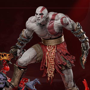 Puede incluir: Estatua detallada con dos figuras en una pose dinámica. La figura superior es un hombre musculoso con marcas rojas y armadura, empuñando un arma. La figura inferior es una criatura de piel púrpura.