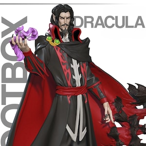Puede incluir: Figura de Drácula con un atuendo negro y rojo con capa. La figura sostiene un objeto morado. La palabra "DRACULA" está escrita en letras blancas. La figura está sobre una base gris.