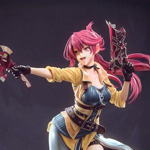 May include: A dynamic figurine of a female anime character in a battle pose. She wears a yellow jacket, blue corset, and a long, flowing skirt. She holds a red and silver sword in one hand and a black weapon in the other. Her hair is pink.