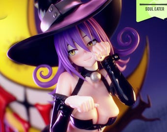 Peut inclure: Figurine STL imprimée en 3D de Blair de Soul Eater. La figurine représente une sorcière aux cheveux violets, portant un chapeau noir et une tenue noire. L'arrière-plan comprend une lune jaune avec un visage menaçant.