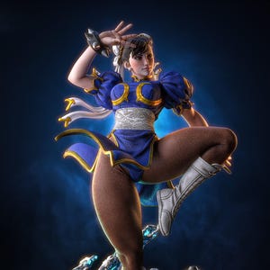 May include: A detailed figurine of a character in a dynamic pose, wearing a blue and gold outfit with white boots. The figure is on a decorative base with red and brown accents, set against a dark blue background.