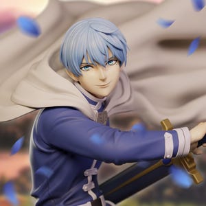 May include: A figurine of a character with light blue hair and eyes, wearing a dark blue outfit with white accents and a white cape. The character is holding a sword with a gold hilt. Blue petals float around the figure.
