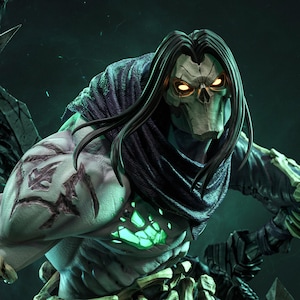 Könnte beinhalten: Detaillierte digitale Darstellung einer skelettartigen Figur mit leuchtend grünen Akzenten und einem schädelartigen Gesicht. Die Figur hat lange schwarze Haare, einen dunklen Umhang und eine knochenartige Rüstung. Die Farbpalette ist dunkel mit grünen und goldenen Highlights.