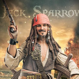 Puede incluir: Ilustración digital de un pirata sosteniendo una pistola, con el texto "Jack Sparrow" en la parte superior. El pirata lleva un pañuelo rojo, rastas y un cinturón de cuero marrón con hebilla dorada. Un barco en llamas al fondo.