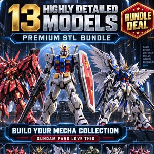 Pode incluir: Um gráfico promocional digital para um pacote de 13 modelos STL de robôs mecha altamente detalhados. A imagem apresenta três figuras de robôs grandes e proeminentes em vermelho, branco e azul, com 13 miniaturas individuais abaixo.
