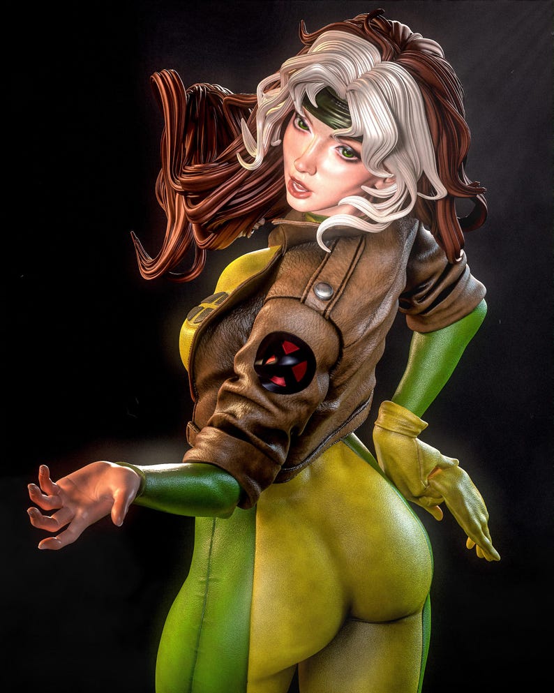 May include: A detailed figurine of a female character in a green and yellow bodysuit, brown leather jacket, and gloves. The character has brown and white hair, green eyes, and a green headband. The jacket features a red and black emblem.