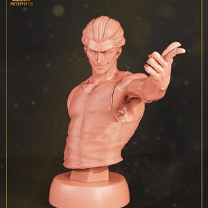 May include: A peach-colored bust of a man in a tank top, with his right arm extended. The sculpture has detailed facial features and hair. The words "HIGH-QUALITY" and "PRESUPPORTED" are in the upper left corner.
