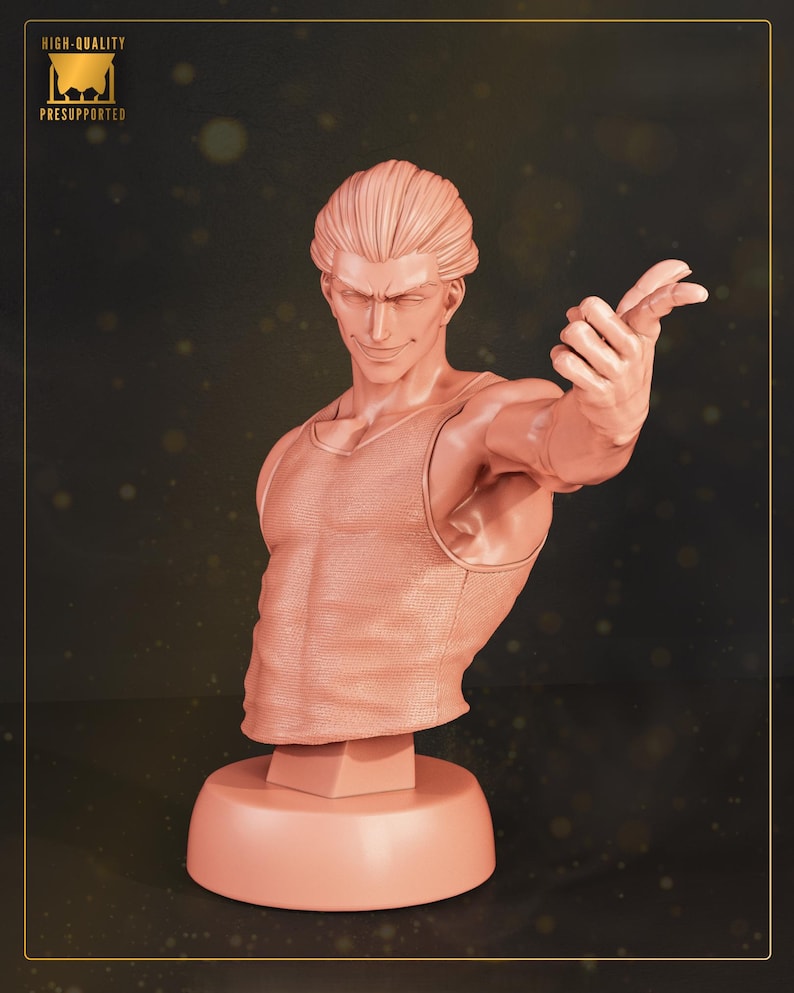 May include: A peach-colored bust of a man in a tank top, with his right arm extended. The sculpture has detailed facial features and hair. The words "HIGH-QUALITY" and "PRESUPPORTED" are in the upper left corner.
