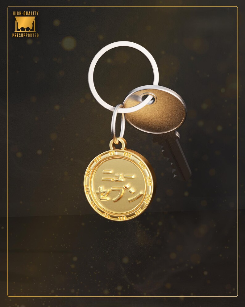 May include: A gold-colored keychain with a round pendant featuring Japanese characters. The keychain includes a key and a gold-colored key fob. The words "High-Quality" and "Presupported" are in the upper left corner.