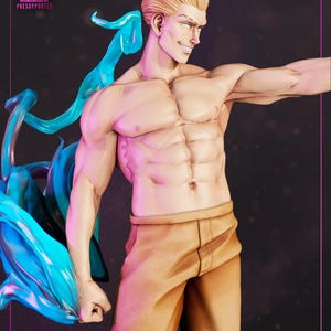 May include: A muscular figurine of a man with blonde hair and tan pants. The figure has a detailed physique and a confident expression. A blue, flowing, translucent element is behind the figure. The words "HIGH-QUALITY" and "PRESUPPORTED" are in the upper left corner.