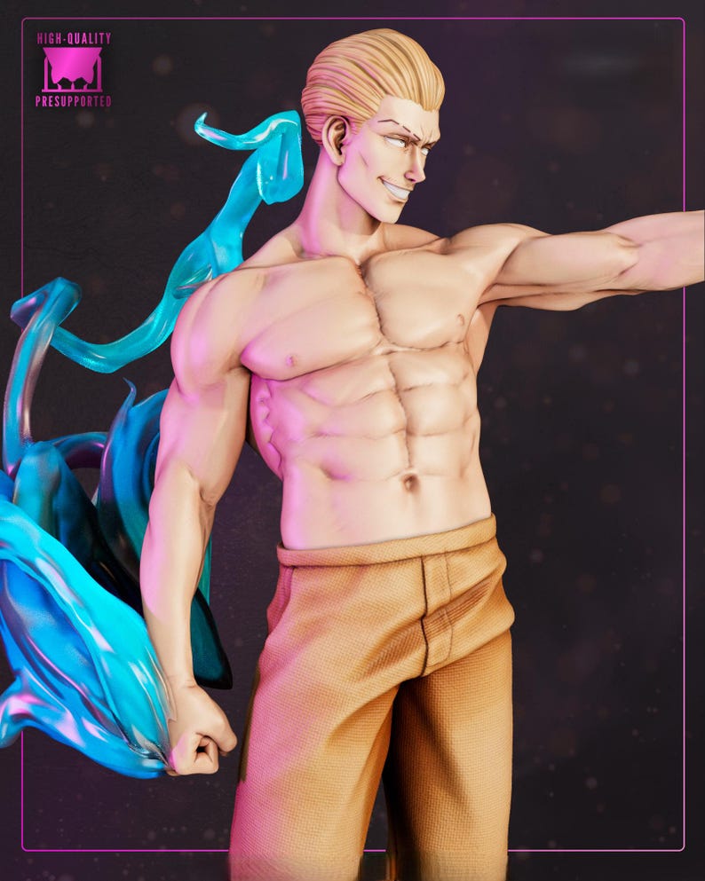 May include: A muscular figurine of a man with blonde hair and tan pants. The figure has a detailed physique and a confident expression. A blue, flowing, translucent element is behind the figure. The words "HIGH-QUALITY" and "PRESUPPORTED" are in the upper left corner.
