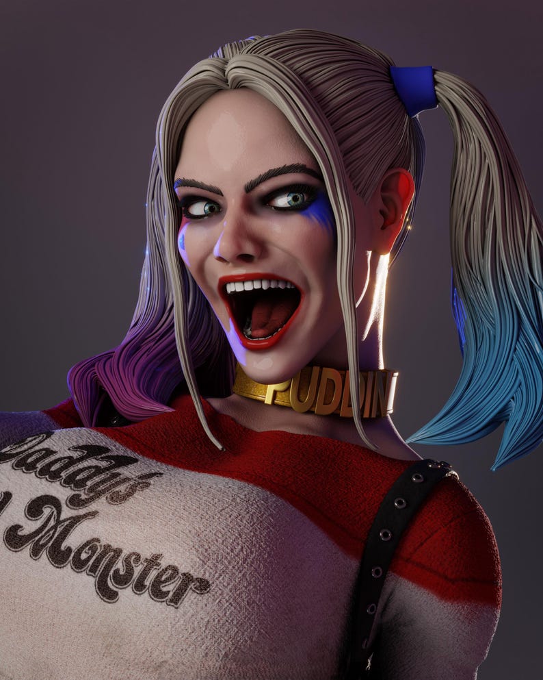 May include: A digital rendering of a character with fair skin, green eyes, and red lipstick. The character has blonde hair with blue and purple tips, styled in pigtails. She wears a red and white top with the text "Daddy's Monster" and a gold choker with the word "Puddin".