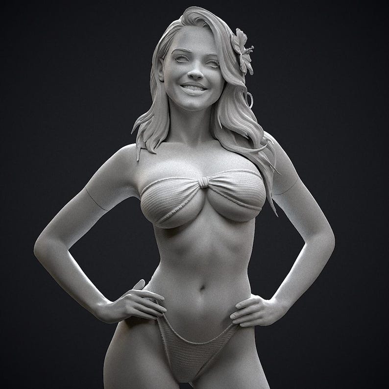 May include: A grayscale 3D-rendered sculpture of a person in a bikini. The figure has long, wavy hair with a flower and is smiling. The bikini top is tied in the center, and the bottom is a simple string design. The person is posed with hands on hips.